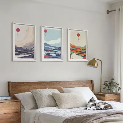 Conjunto de quadros para sala de estar com estampas de abstrações de montanhas japonesas