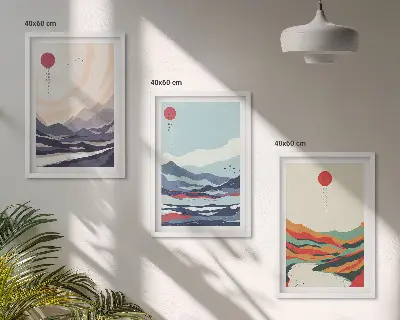 Conjunto de quadros para sala de estar com estampas de abstrações de montanhas japonesas