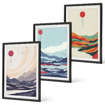 Conjunto de quadros para sala de estar com estampas de abstrações de montanhas japonesas
