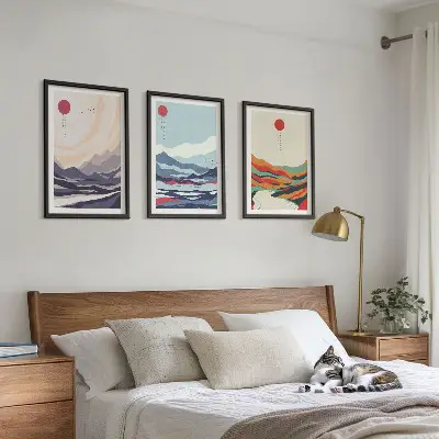 Conjunto de quadros para sala de estar com estampas de abstrações de montanhas japonesas