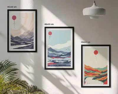 Conjunto de quadros para sala de estar com estampas de abstrações de montanhas japonesas