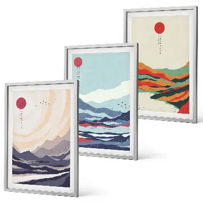 Conjunto de quadros para sala de estar com estampas de abstrações de montanhas japonesas