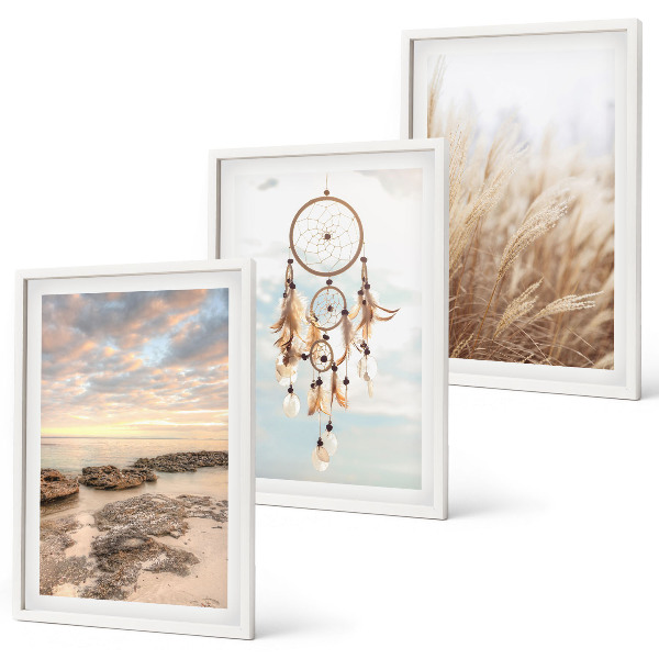 Conjunto de 3 quadros com moldura mar de nuvens apanhador de sonhos grama