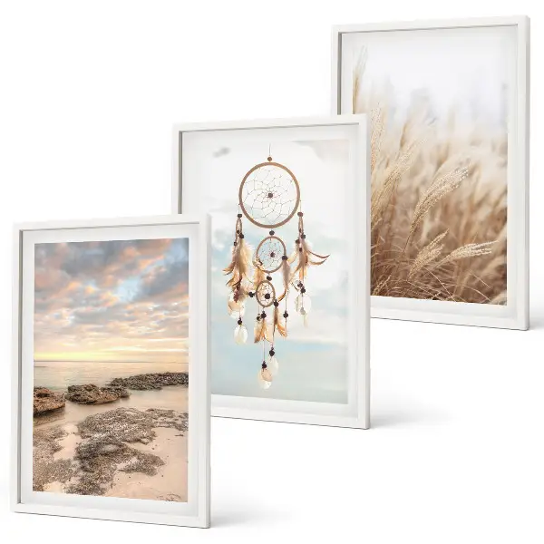 Conjunto de 3 quadros com moldura mar de nuvens com apanhador de sonhos e grama