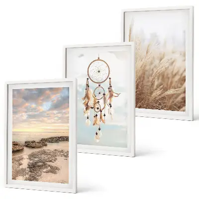Conjunto de 3 quadros com moldura mar de nuvens com apanhador de sonhos e grama