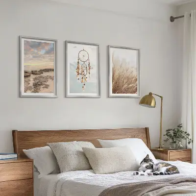 Conjunto de 3 quadros com moldura mar de nuvens com apanhador de sonhos e grama