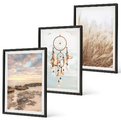 Conjunto de 3 quadros com moldura mar de nuvens apanhador de sonhos grama