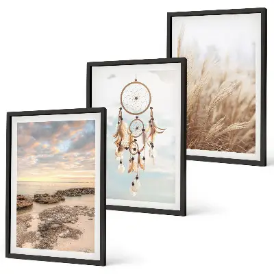Conjunto de 3 quadros com moldura mar de nuvens com apanhador de sonhos e grama
