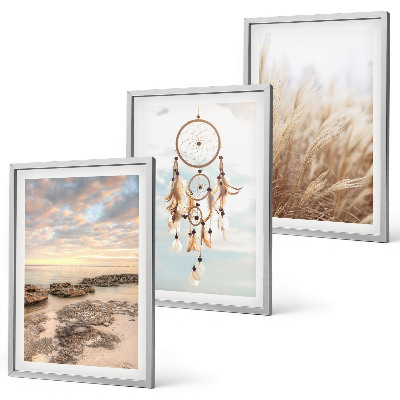 Conjunto de 3 quadros com moldura mar de nuvens apanhador de sonhos grama