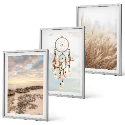 Conjunto de 3 quadros com moldura mar de nuvens com apanhador de sonhos e grama