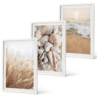 Conjunto de quadros para sala de estar com motivos de praia, conchas e ondas