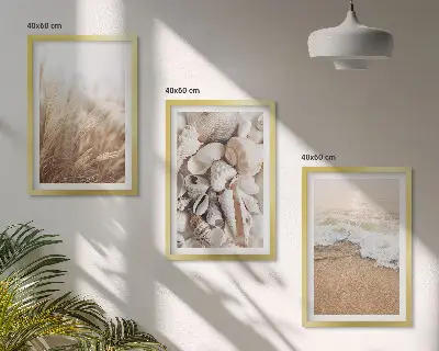 Conjunto de quadros para sala de estar com motivos de praia, conchas e ondas
