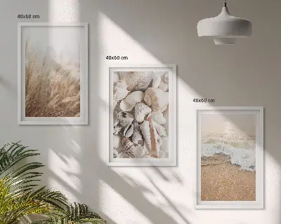 Conjunto de quadros para sala de estar com motivos de praia, conchas e ondas