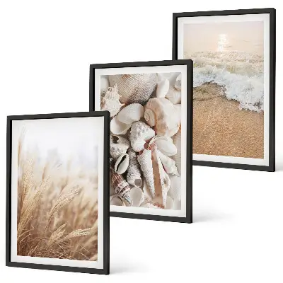 Conjunto de quadros para sala de estar com motivos de praia, conchas e ondas