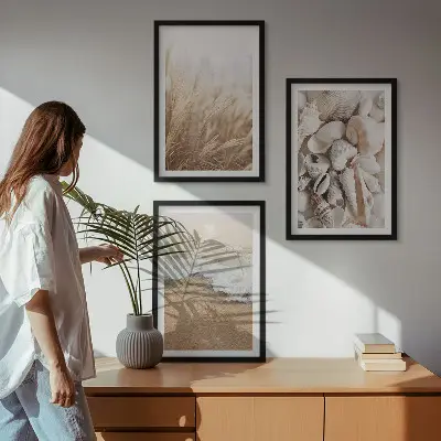 Conjunto de quadros para sala de estar com motivos de praia, conchas e ondas