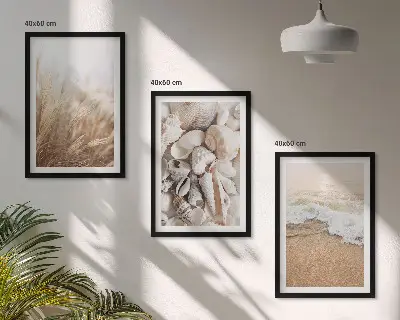 Conjunto de quadros para sala de estar com motivos de praia, conchas e ondas