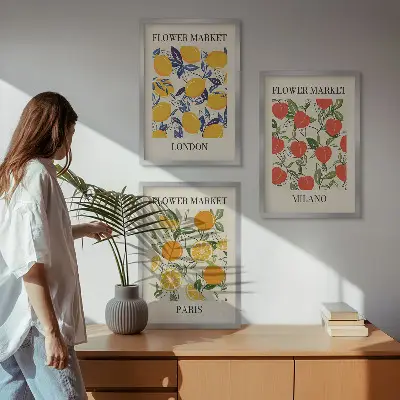 Composição de quadros moderna com cartazes de flores em cidades