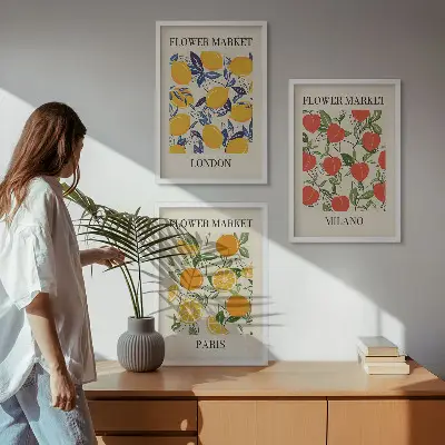 Composição de quadros moderna com cartazes de flores em cidades