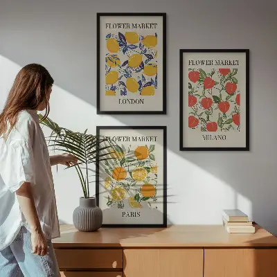 Composição de quadros moderna com cartazes de flores em cidades