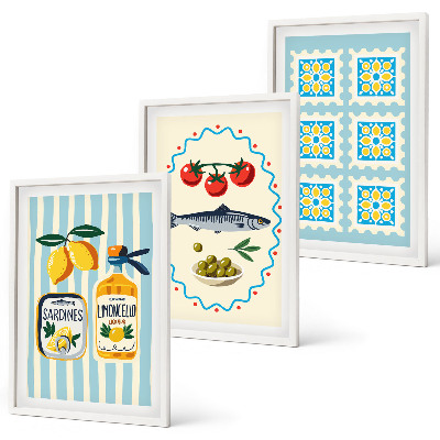 Conjunto de 3 quadros com moldura Ilustrações de cozinha em estilo mediterrâneo