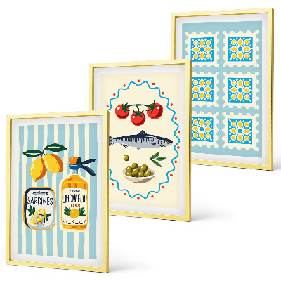 Conjunto de 3 quadros com moldura Ilustrações de cozinha em estilo mediterrâneo