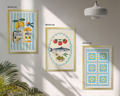 Conjunto de 3 quadros com moldura Ilustrações de cozinha em estilo mediterrâneo