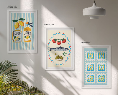 Conjunto de 3 quadros com moldura Ilustrações de cozinha em estilo mediterrâneo