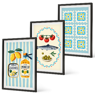 Conjunto de 3 quadros com moldura Ilustrações de cozinha em estilo mediterrâneo