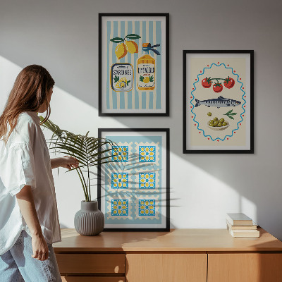 Conjunto de 3 quadros com moldura Ilustrações de cozinha em estilo mediterrâneo
