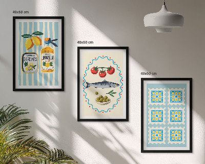 Conjunto de 3 quadros com moldura Ilustrações de cozinha em estilo mediterrâneo