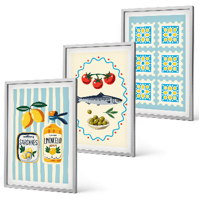 Conjunto de 3 quadros com moldura Ilustrações de cozinha em estilo mediterrâneo