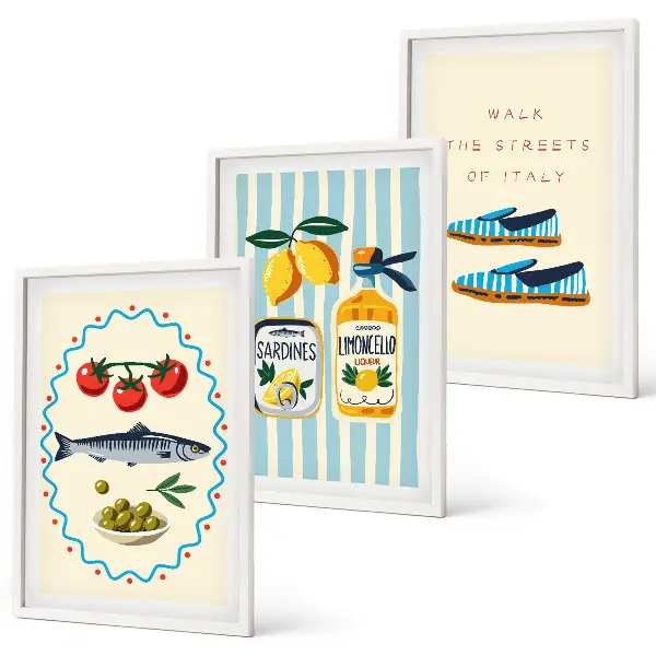 Conjunto de quadros para sala de estar com imagens de estilo de vida de sabores italianos