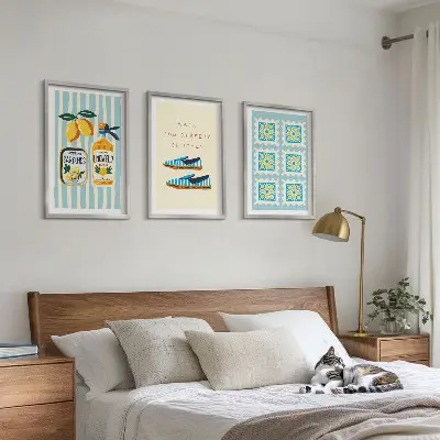 Conjunto de quadros decorativos modernos com estampas de frutas e elementos da cultura italiana