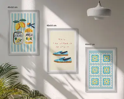 Conjunto de quadros decorativos modernos com estampas de frutas e elementos da cultura italiana