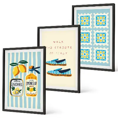 Conjunto de quadros decorativos modernos com estampas de frutas e elementos da cultura italiana