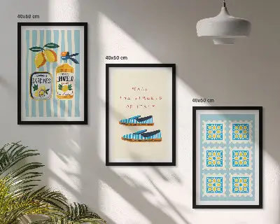 Conjunto de quadros decorativos modernos com estampas de frutas e elementos da cultura italiana