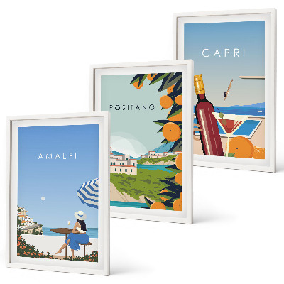 Conjunto de 3 quadros com moldura Amalfi, Positano e Capri