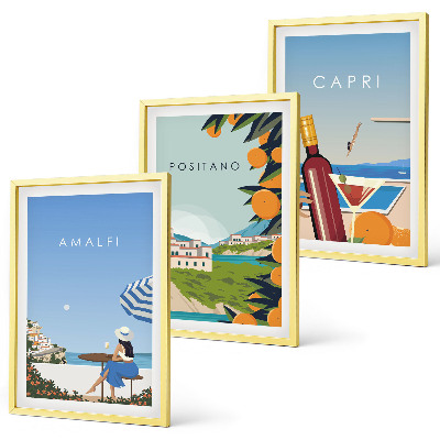 Conjunto de 3 quadros com moldura Amalfi, Positano e Capri