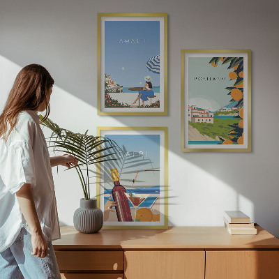Conjunto de 3 quadros com moldura Amalfi, Positano e Capri