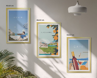 Conjunto de 3 quadros com moldura Amalfi, Positano e Capri