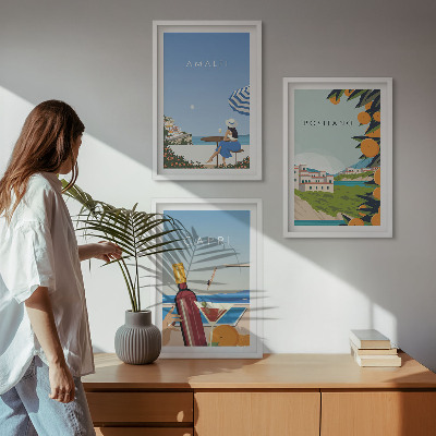 Conjunto de 3 quadros com moldura Amalfi, Positano e Capri