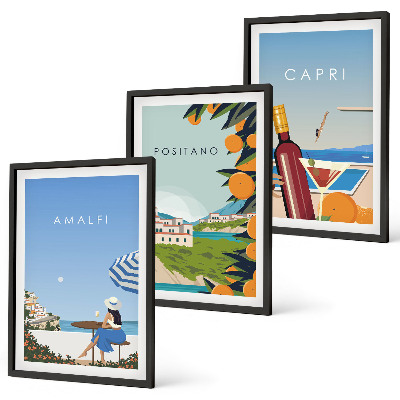 Conjunto de 3 quadros com moldura Amalfi, Positano e Capri