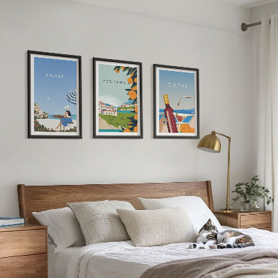 Conjunto de 3 quadros com moldura Amalfi, Positano e Capri