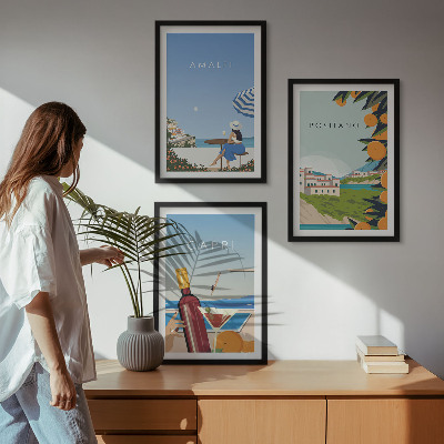 Conjunto de 3 quadros com moldura Amalfi, Positano e Capri