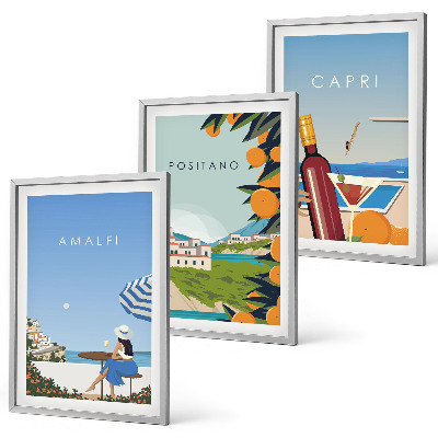 Conjunto de 3 quadros com moldura Amalfi, Positano e Capri