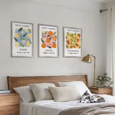 Conjunto de quadros para sala de estar com estampas de frutas: limões e morangos