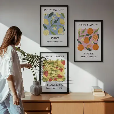 Conjunto de quadros para sala de estar com estampas de frutas: limões e morangos