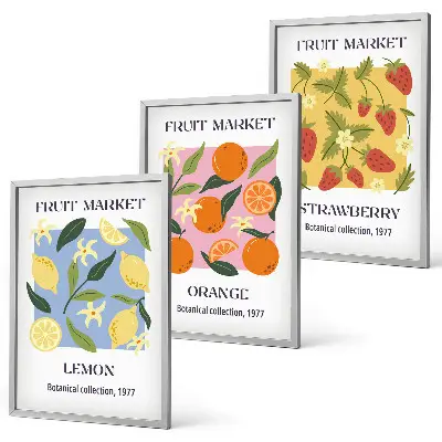 Conjunto de quadros para sala de estar com estampas de frutas: limões e morangos