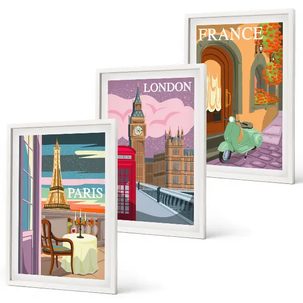 Composição de quadros moderna com vistas retrô de Paris e Londres