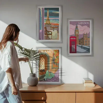 Composição de quadros moderna com vistas retrô de Paris e Londres